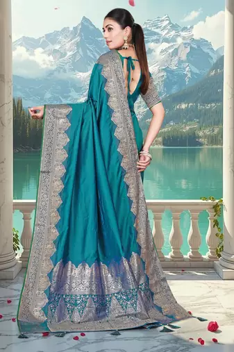 banarasi teal silk blend saree with golden zari border work and tassels with blouse