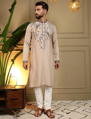 Beige viscose silk embroidery sequence work premium designer only kurta 1