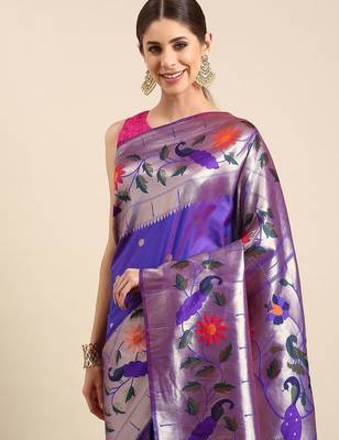 purple woven design zari silk blend paithani saree 2
