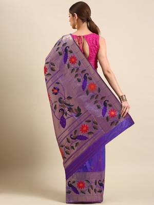 purple woven design zari silk blend paithani saree 3