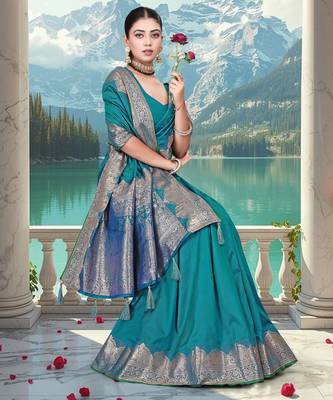 banarasi teal silk blend saree with golden zari border work and tassels with blouse 5
