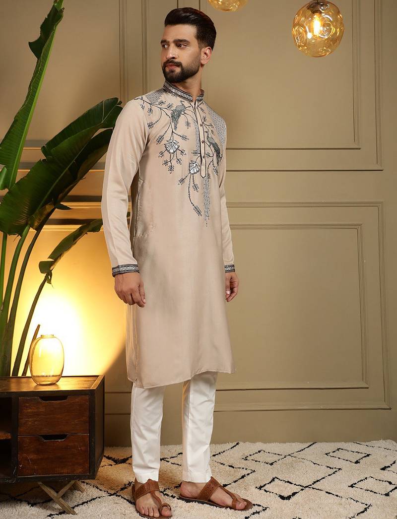 Beige viscose silk embroidery sequence work premium designer only kurta