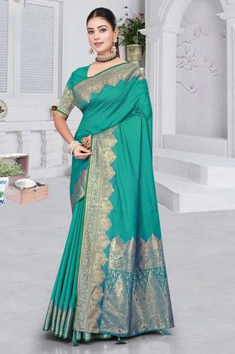 banarasi rama silk blend saree with golden zari border work and tassels with blouse
