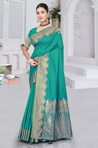 banarasi rama silk blend saree with golden zari border work and tassels with blouse
