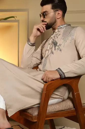 Beige viscose silk embroidery sequence work premium designer only kurta