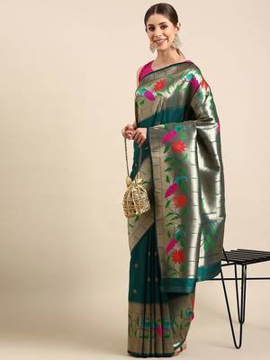 teal floral zari silk blend paithani saree 1