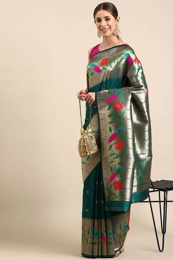 teal floral zari silk blend paithani saree