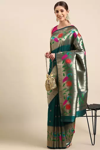 teal floral zari silk blend paithani saree