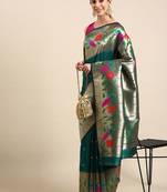 teal floral zari silk blend paithani saree
