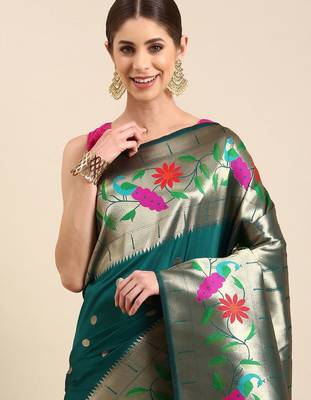 teal floral zari silk blend paithani saree 2
