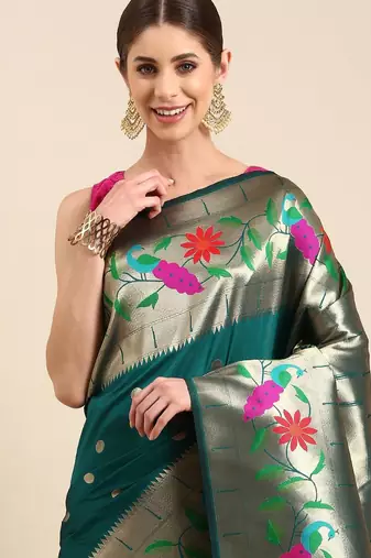 teal floral zari silk blend paithani saree