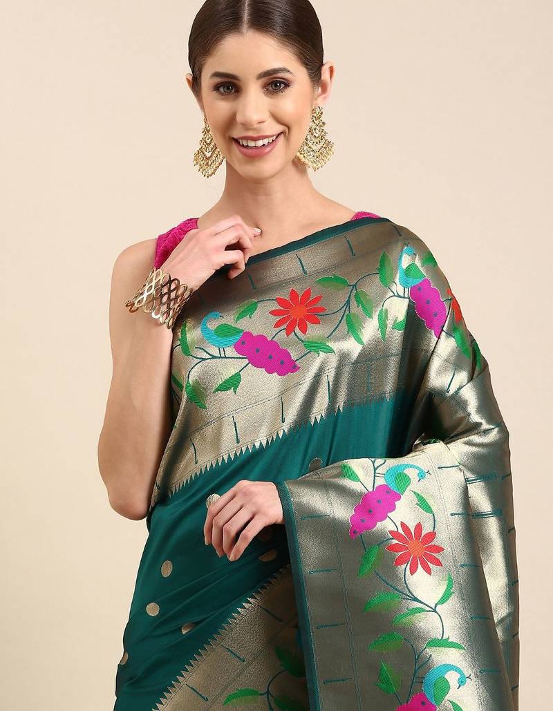teal floral zari silk blend paithani saree