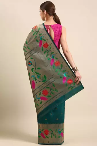 teal floral zari silk blend paithani saree