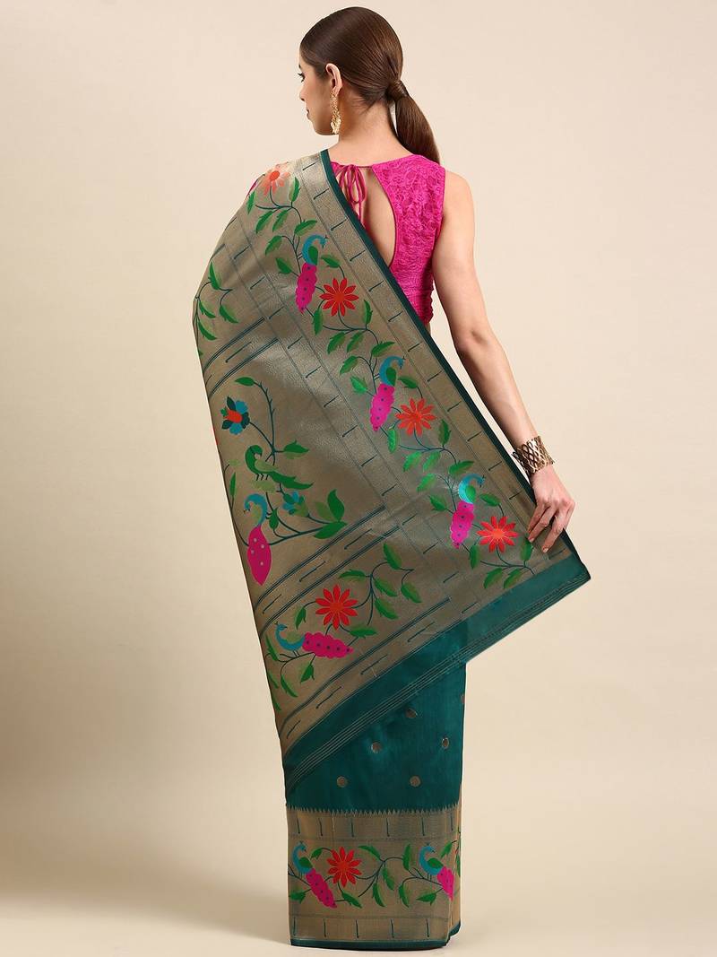 teal floral zari silk blend paithani saree