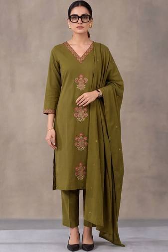 women ethnic motifs embroidered regular thread work cotton kurta with trousers & with dupatta