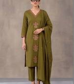 women ethnic motifs embroidered regular thread work cotton kurta with trousers & with dupatta