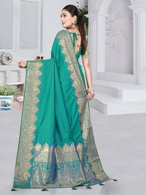 banarasi rama silk blend saree with golden zari border work and tassels with blouse 3