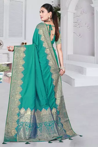 banarasi rama silk blend saree with golden zari border work and tassels with blouse