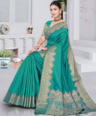 banarasi rama silk blend saree with golden zari border work and tassels with blouse 5
