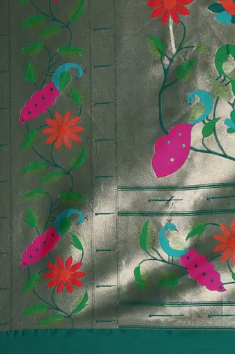 teal floral zari silk blend paithani saree