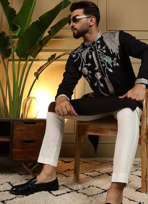 Black viscose silk embroidery sequence work premium designer only kurta 1