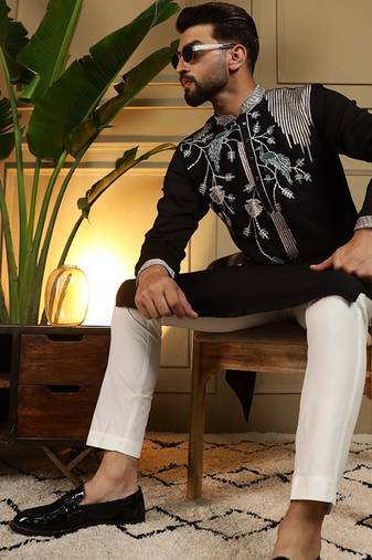 Black viscose silk embroidery sequence work premium designer only kurta