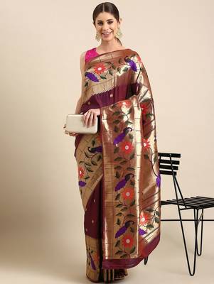 Magenta floral zari silk blend paithani saree 1