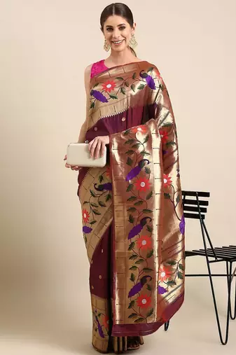 Magenta floral zari silk blend paithani saree