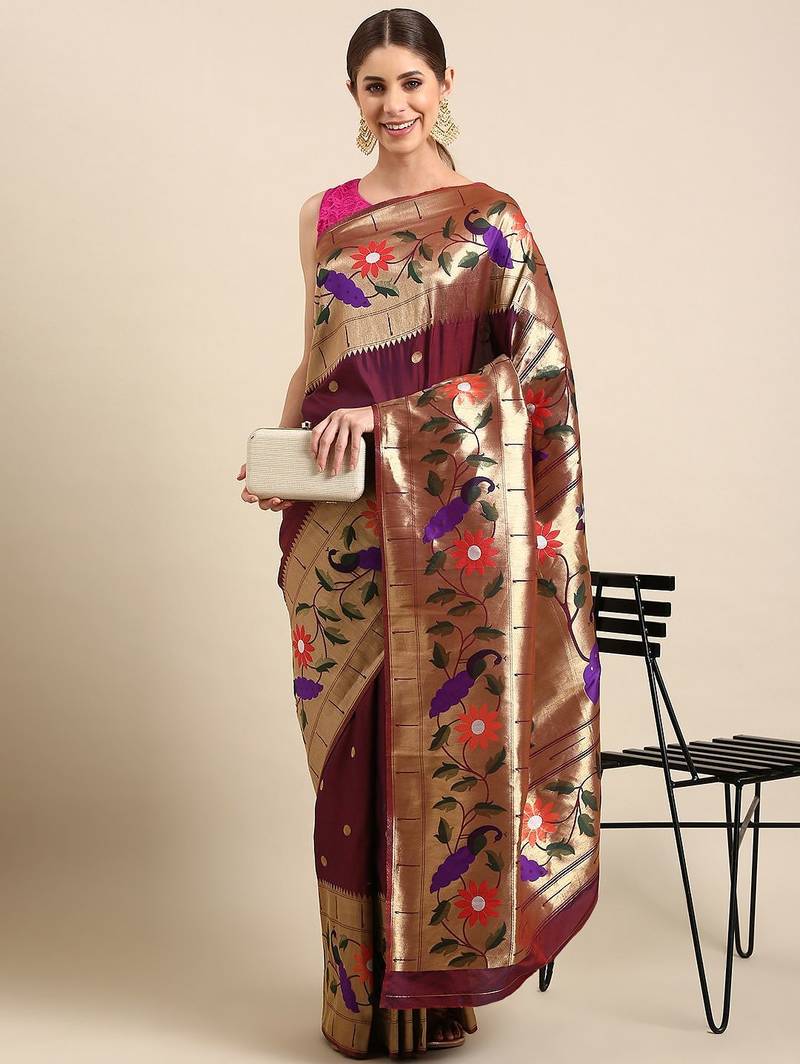 Magenta floral zari silk blend paithani saree