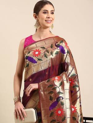 Magenta floral zari silk blend paithani saree 2