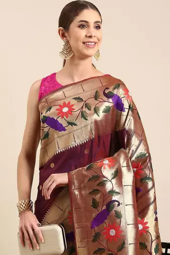 Magenta floral zari silk blend paithani saree