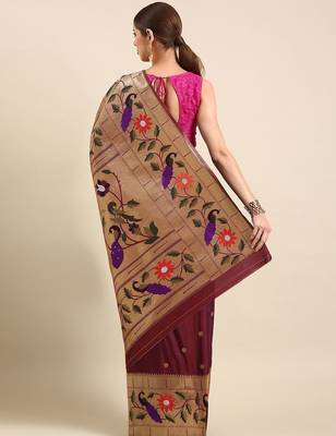 Magenta floral zari silk blend paithani saree 3