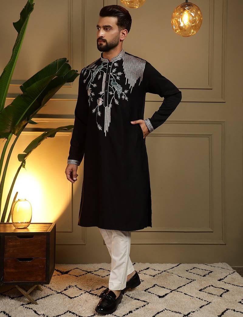 Black viscose silk embroidery sequence work premium designer only kurta