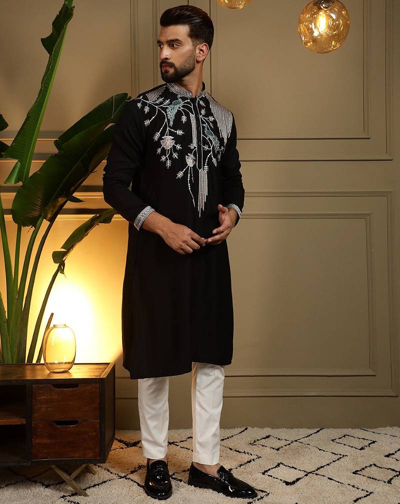 Black viscose silk embroidery sequence work premium designer only kurta