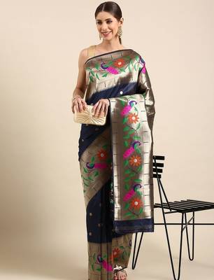 navy_blue woven design zari silk blend paithani saree 1
