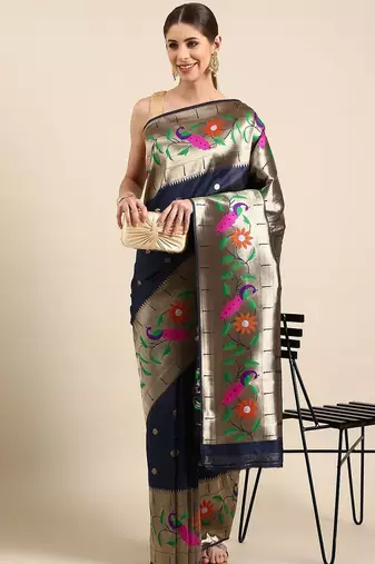 navy_blue woven design zari silk blend paithani saree