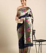 navy_blue woven design zari silk blend paithani saree