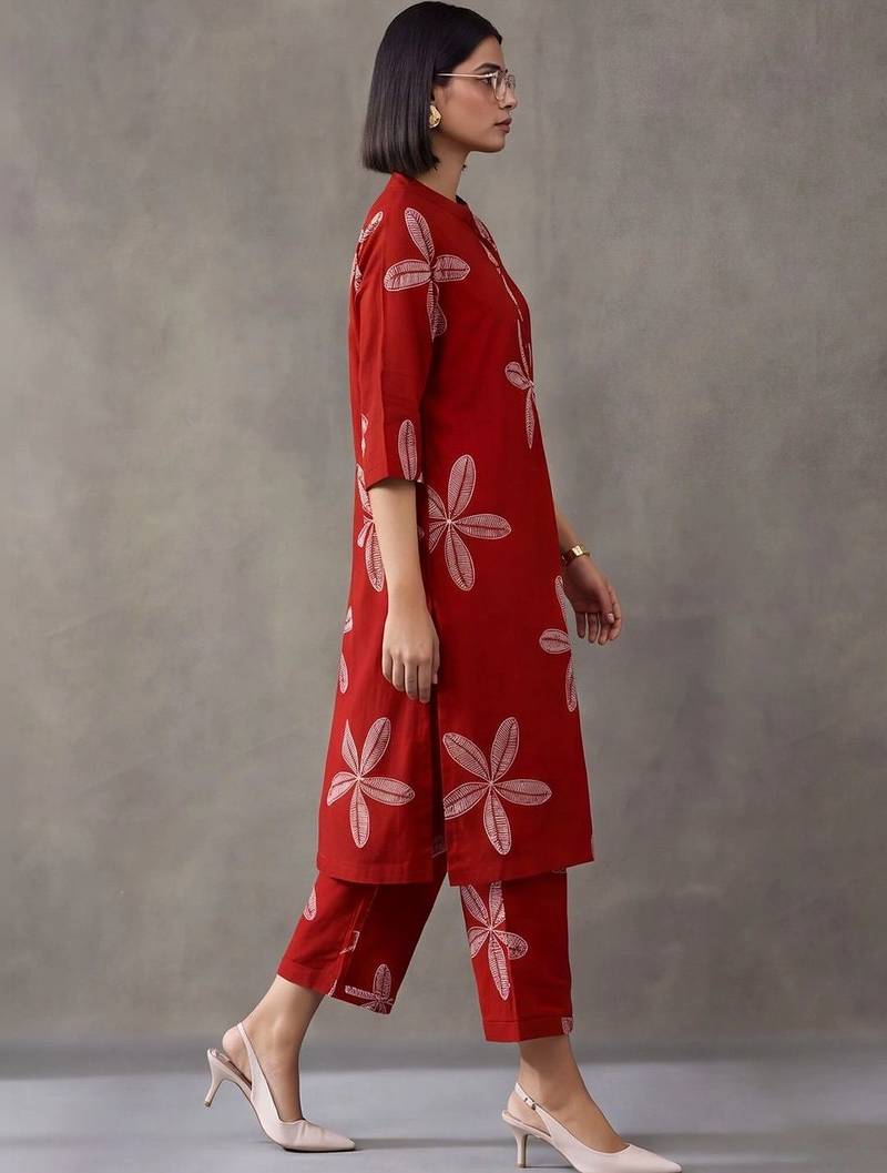 women floral printed regular cotton kurta with trousers