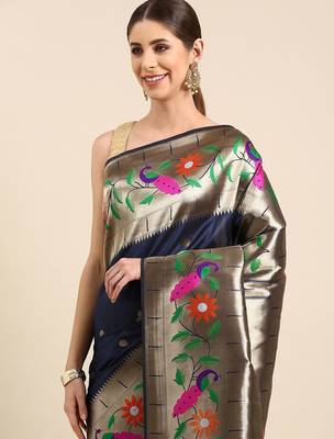 navy_blue woven design zari silk blend paithani saree 2