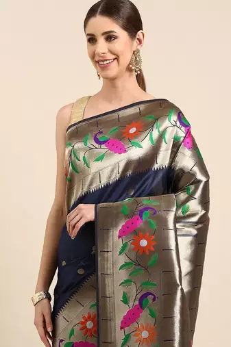 navy_blue woven design zari silk blend paithani saree