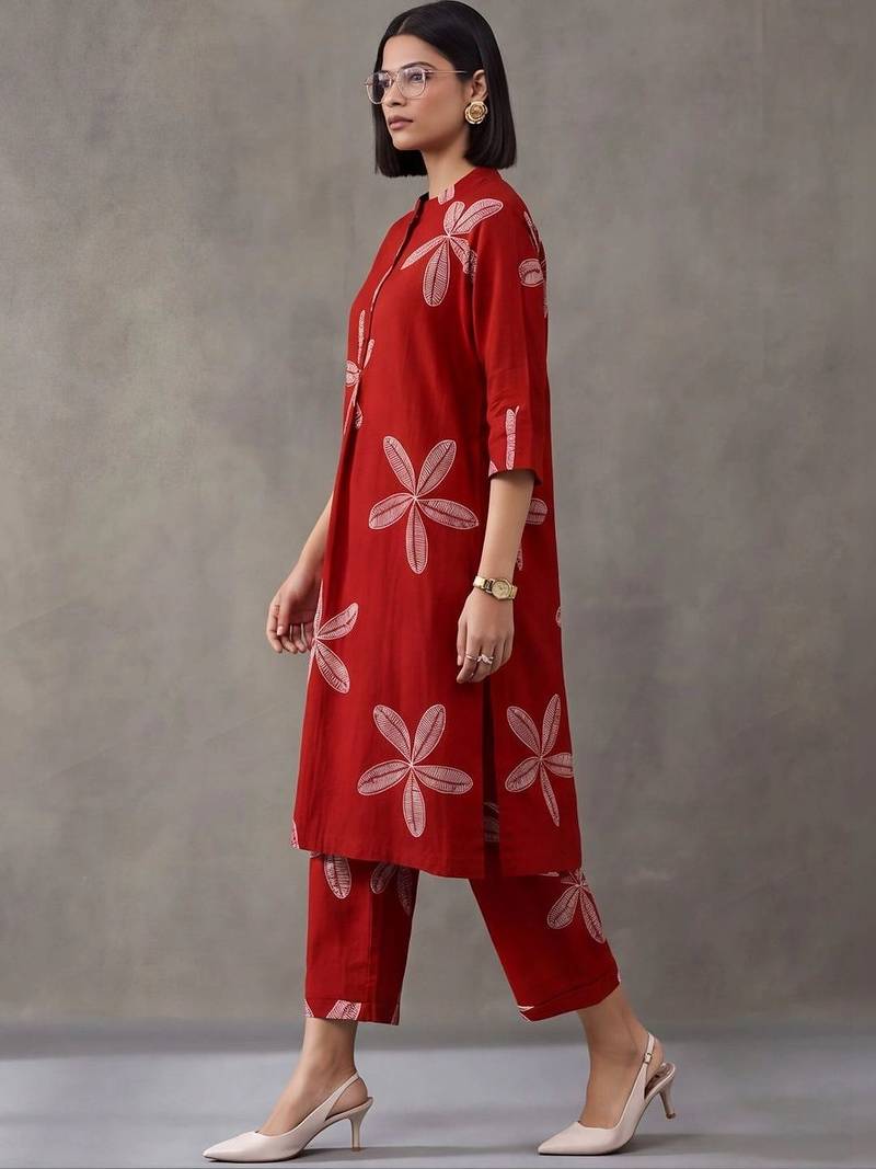 women floral printed regular cotton kurta with trousers