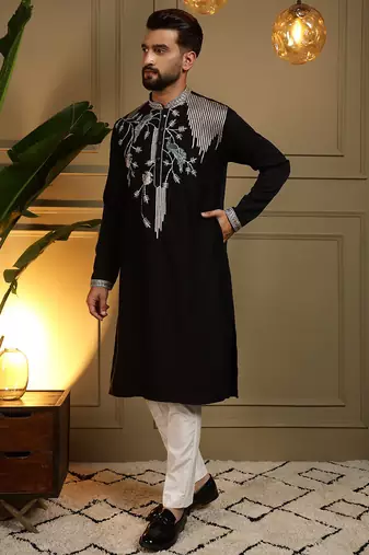 Black viscose silk embroidery sequence work premium designer kurta pajama