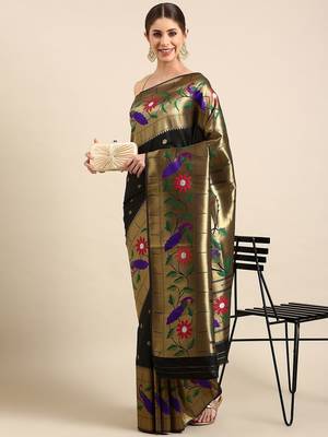 black floral zari silk blend paithani saree 1