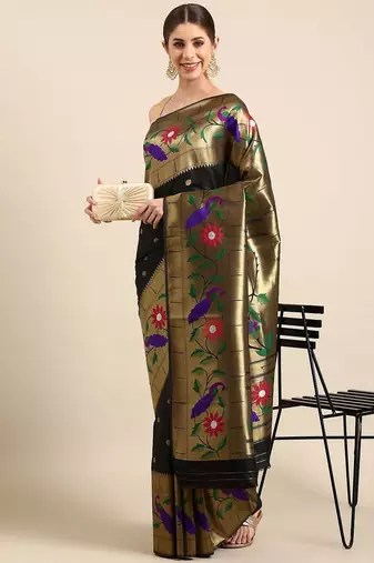 black floral zari silk blend paithani saree