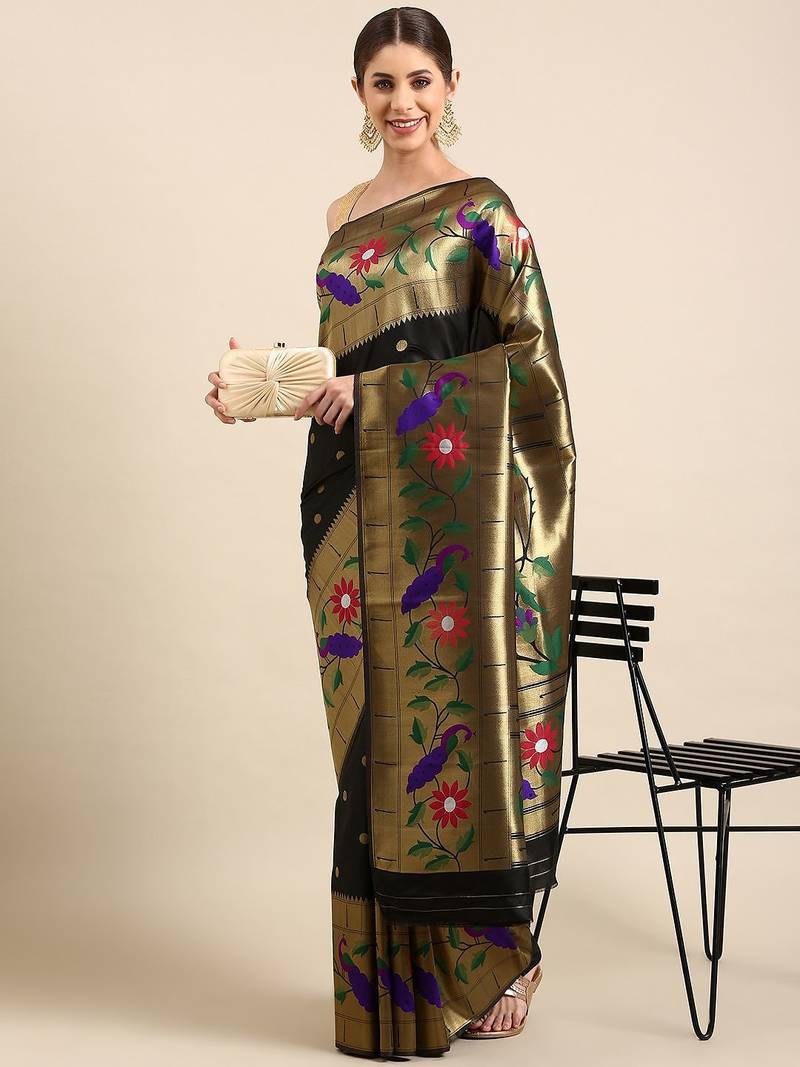 black floral zari silk blend paithani saree