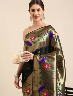 black floral zari silk blend paithani saree 2