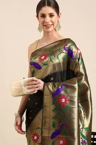 black floral zari silk blend paithani saree
