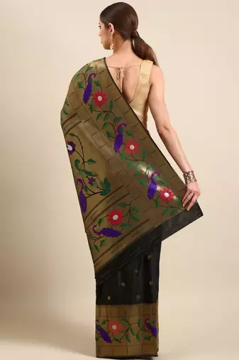 black floral zari silk blend paithani saree