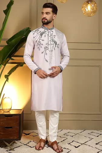 Light pink viscose silk embroidery sequence work premium designer only kurta