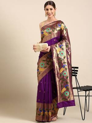 purple woven design zari silk blend paithani saree 1